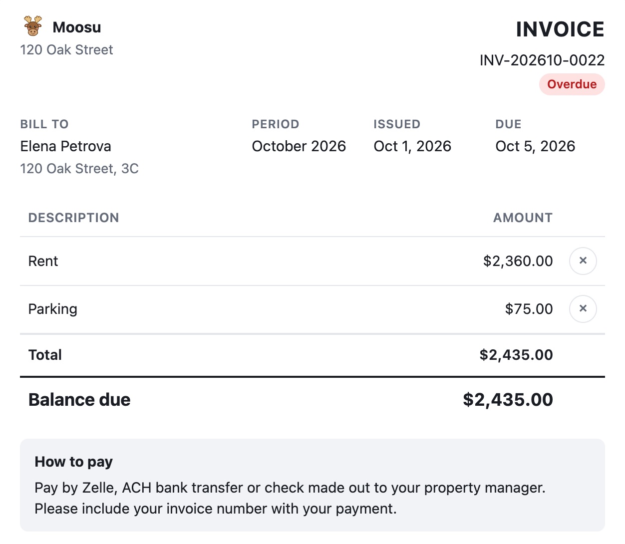 An invoice for October rent and parking, marked overdue, with the balance due and payment instructions