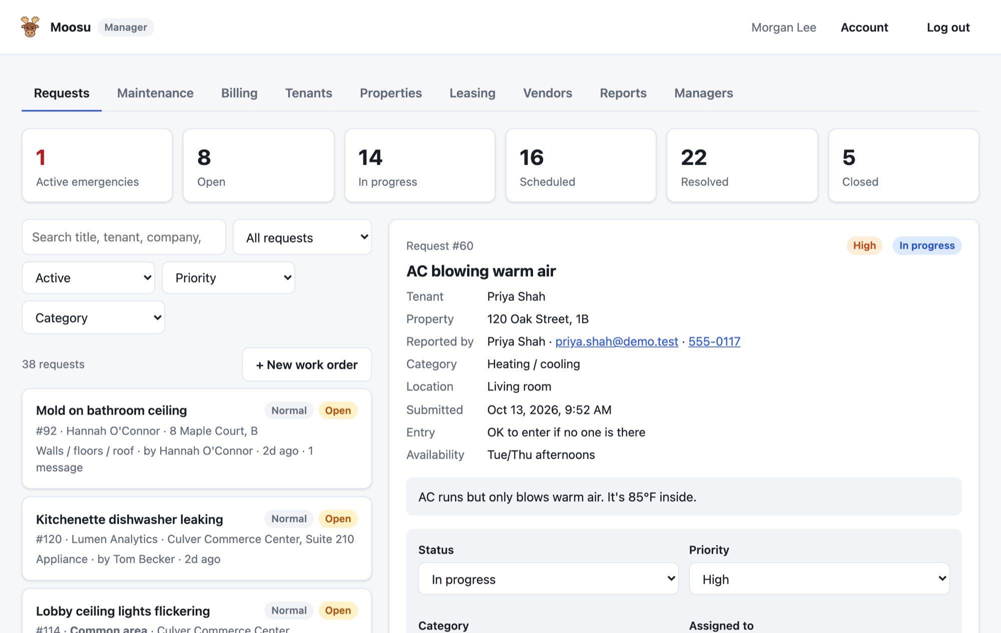 Manager dashboard: request counts, the list of maintenance requests, and an open request with tenant, property, entry permission and the assigned vendor