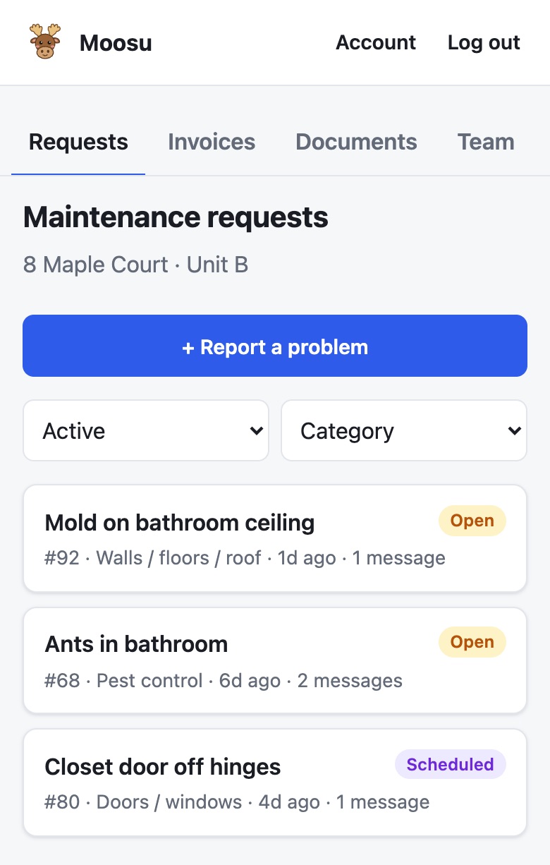 Tenant portal on a phone: a Report a problem button and the tenant's open and scheduled requests